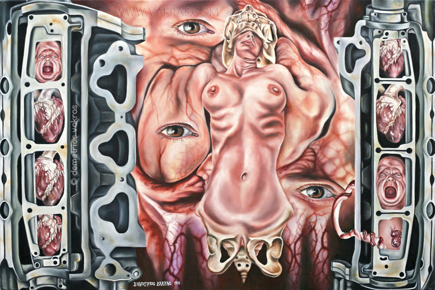 surreal painting of female figure who evolves out of biological material which has its own eyes, all of which is placed between two mechanical pieces with screaming babibies and multiple hearts