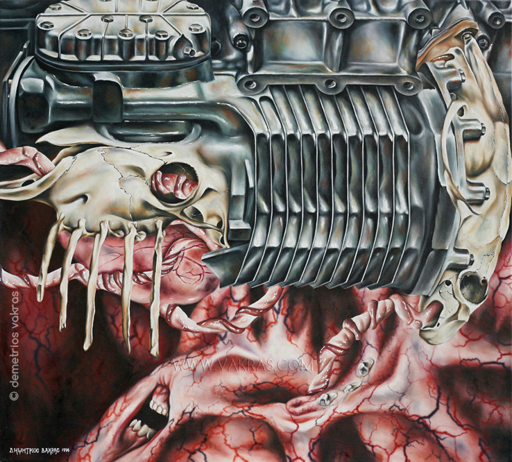 ssurreal painting of mechanical device "devolving" into animal skull with sceaming mouth embeded in anatomical matter