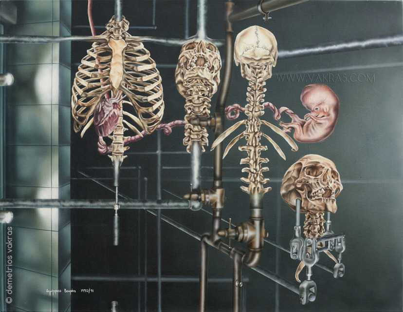 surreal painting showing skeletons evolving from pipeworks along with a heart attached to a foetus by an umbilical cord