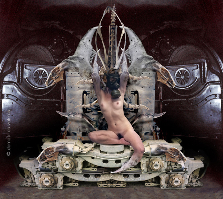surreal digital photomontage of nude female figure whose arms are ossified and who wears a gas-mask while sitting on a mechanical/skeletal "throne" in a Shiva-like dancing pose all within an industrial setting