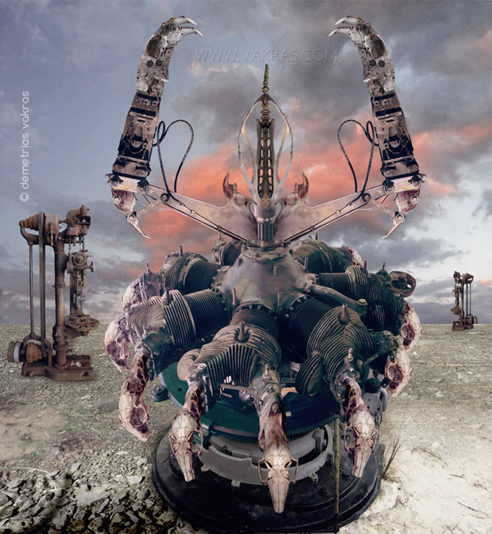 surreal image of mechanical device (plane engine) with cat skulls and terrifying arms