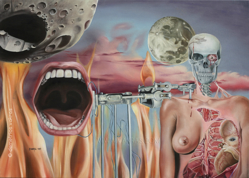surreal  painting, oil & acrylic, showing skeletised form, with flesh, bearing foetus with screaming mouth attached to it by metal rods, within flames