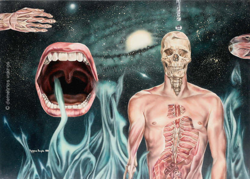 surreal painting of skin-clad skeleton placed within green flames with a galaxy sky, screaming mouth and eyeball