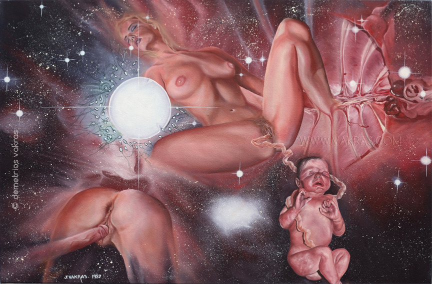 surreal oil painting combining erotic elements with life, procreation and death