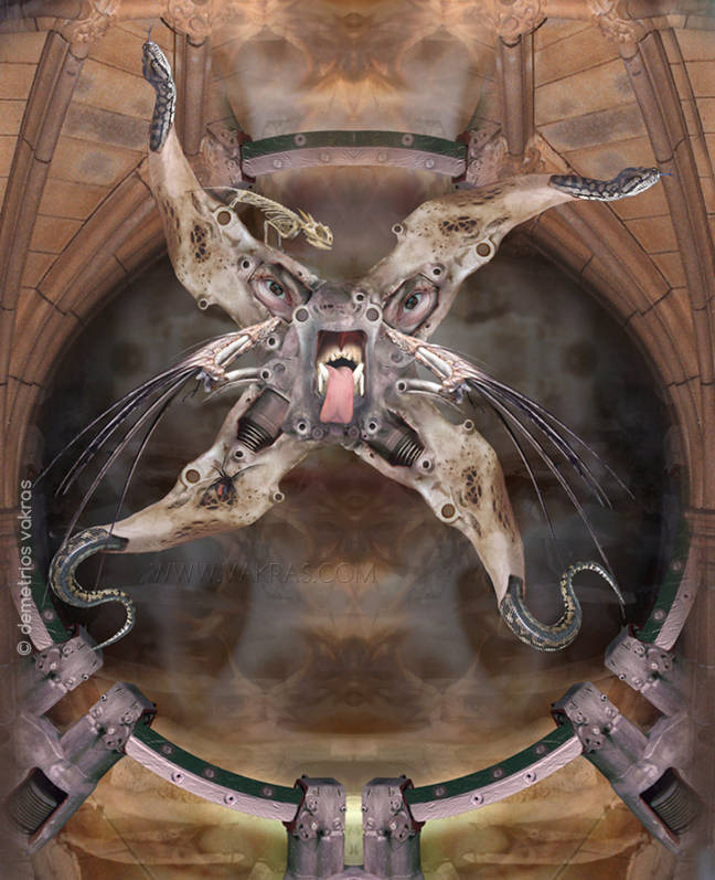 surreal digital image of an ossified swastika with mechanical parts as a “gorgon” in an architectural setting