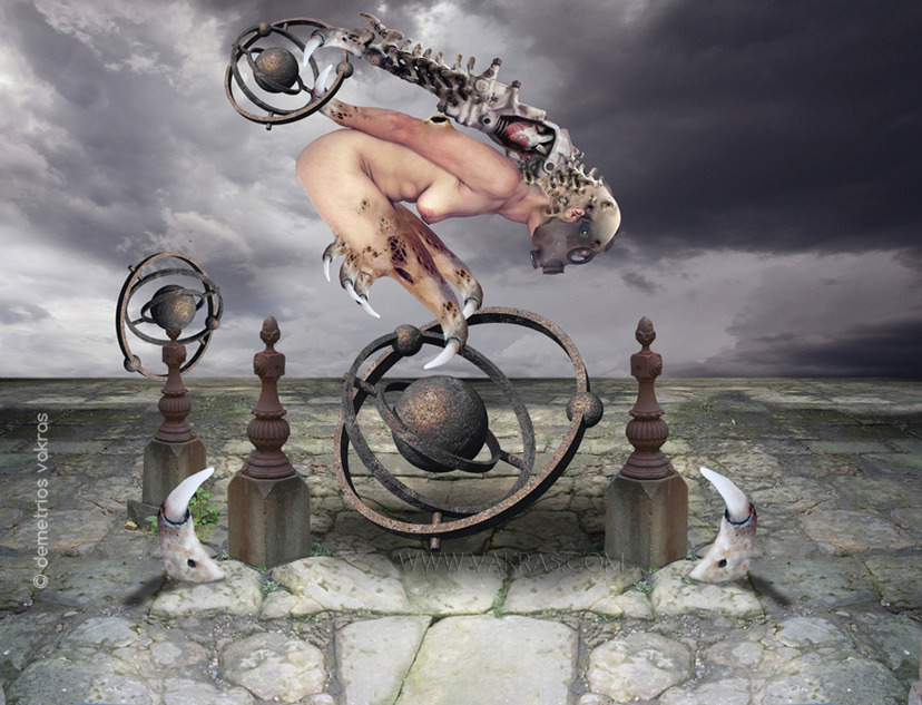 surreal digital image of nude female figure with ossifying appendages and wearing gasmask descending on an armillary sphere