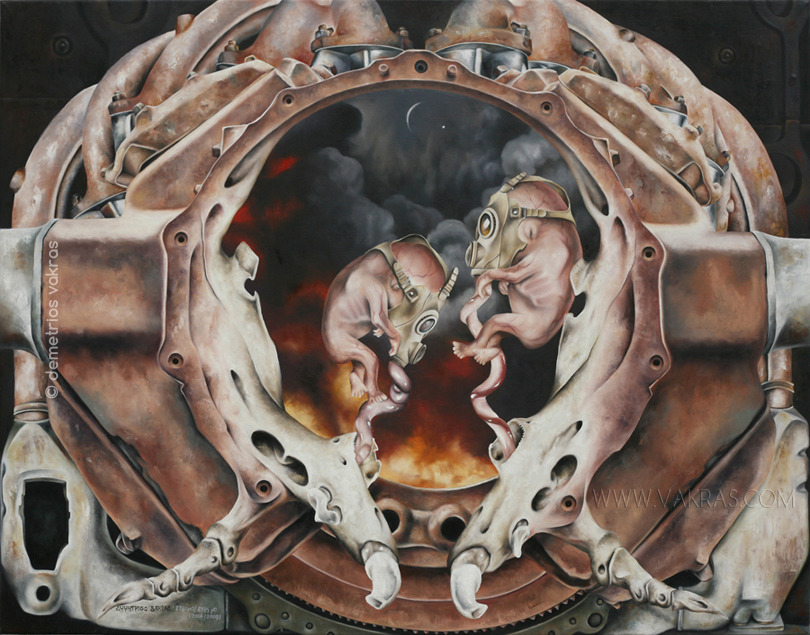 surreal painting of mechanised industriallised "uterus" with protective claws and teeth bearing two foetuses each with gas-mask. Explosions in sky with crescent moon and Venus