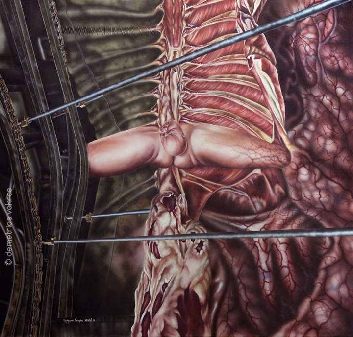 surreal painting, oil & accrylic. birthing of individual into mechanical/organic world