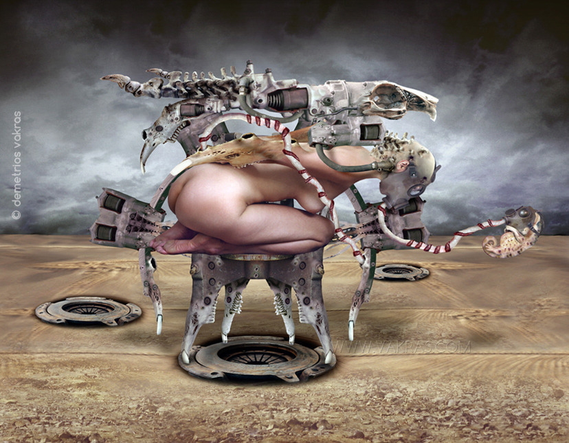 surreal digital image of kneeling/prostate nude female with ossifying arms and head, wearing a gasmask out of which flows an umbilical cord with floating sea-horse gasmask-wearing foetus and bearing a mechanical device with skeletal appendages