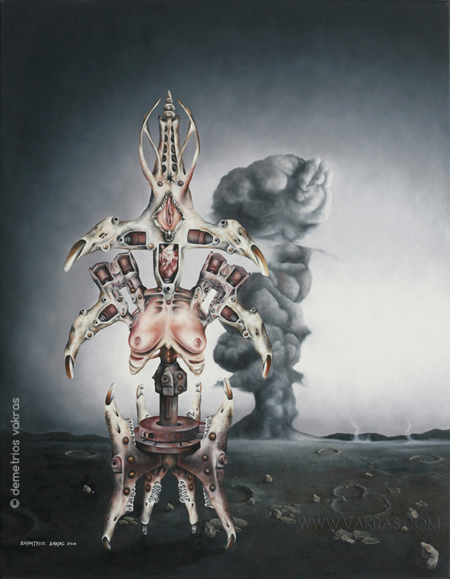 surreal painting of skeleto-mechanical device which bears a heart, breasts and vulva