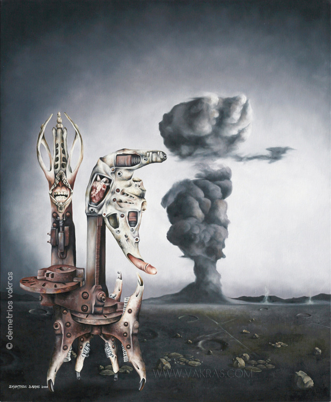 surreal painting of skeleto-mechanical device which bears a heart, screaming mouth and penis