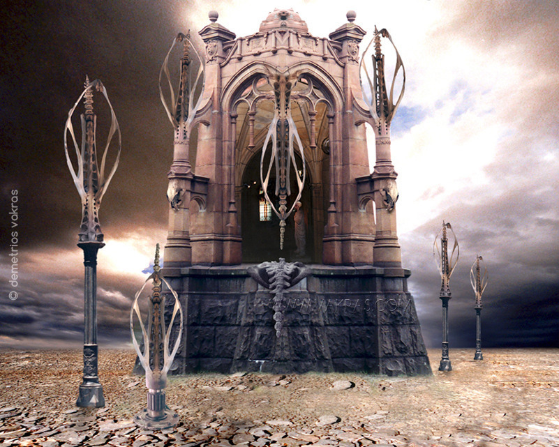 surreal digital photomontage depicting a "monument" with skeletal appendages