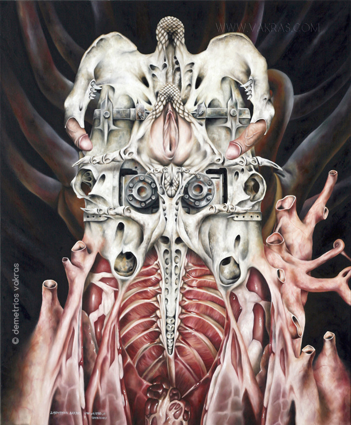 surreal painting of anatomical-cum-skeletal-cum-mechanical construct with large central vulva and a penis on either side of it seeking entry