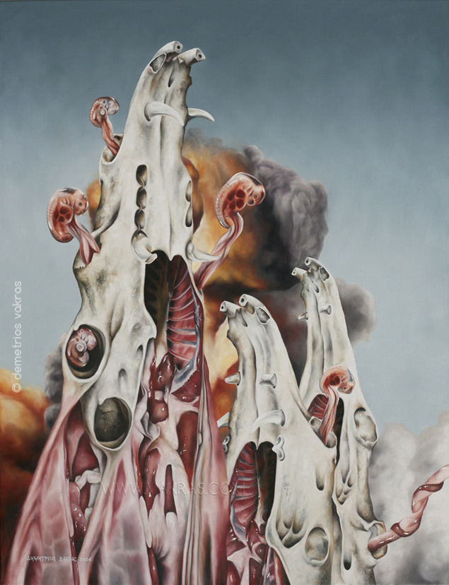 surreal painting of bony skeletal "incuabators" bearing multiple foetuses