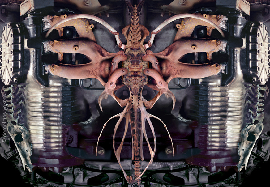 surreal digital photomontage of engines joined together by skeletal and insect parts