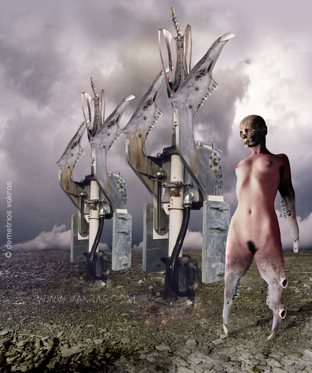 surreal digital image of forlorn female figure with ossified arms and legs waiting beside 2 raised boom-gates which in turn are also ossified