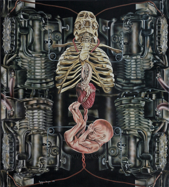 surrealist painting, oil & acrylic. Skeleton within engines nurturing foetus.