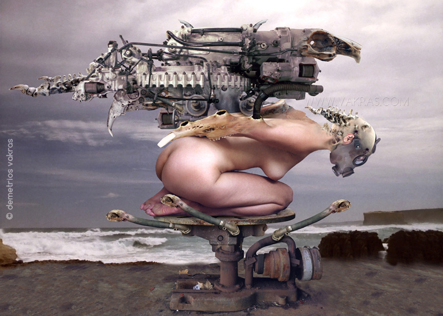 surreal digital image of kneeling/prostate nude female with ossifying arms and head, wearing a gasmask, and bearing a mechanical device with skeletal appendages