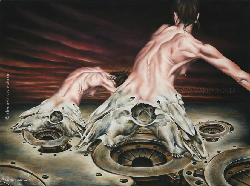 surreal painting showing two female figures in a desolate landscape who devolve into sheepskulls and are placed over mechanical openings in the ground