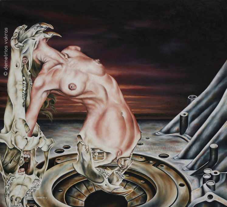 surreal painting, oil of female form metamorphosing into bony appendages over mechanical "chasm"