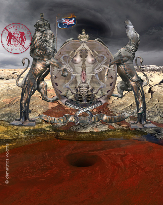 surreal digital image of the Official Seal of the Supreme Court of Victoria - the Royal Coat of Arms used by the British Monarch - re-interpreted as a Sheela Na Gig prying her labia with two “fuck-guards (a lion with a vulva-face, and unicorn with phallus-head)